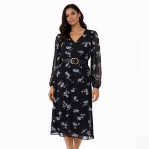 Evan Picone Black Label Floral Midi Dress Sheer Sleeves V-Neck Size 4